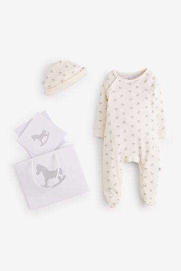 The Little Tailor Cream Rocking Horse Sleepsuit And Hat Set