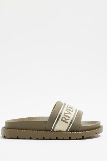 River Island Womens Khaki Green Grosgrain Sliders