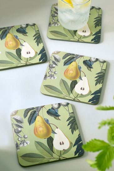 Kew Gardens Set of 4 Green Coasters Fruit and Floral Square Coaster