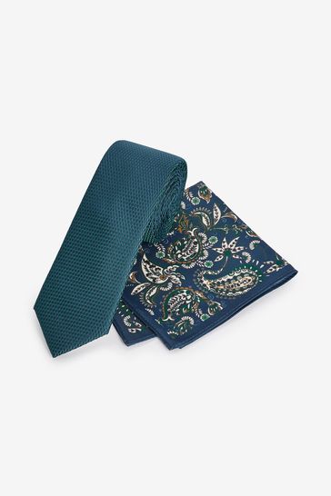 Forest Green Geometric Slim Tie And Pocket Square Set