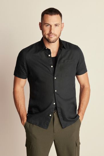 Black linen short sleeve shirt clearance