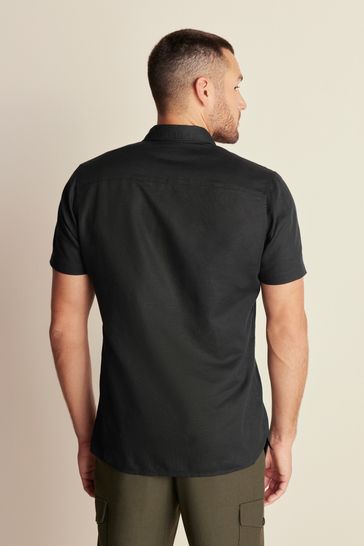 Black Standard Collar Linen Blend Short Sleeve Shirt