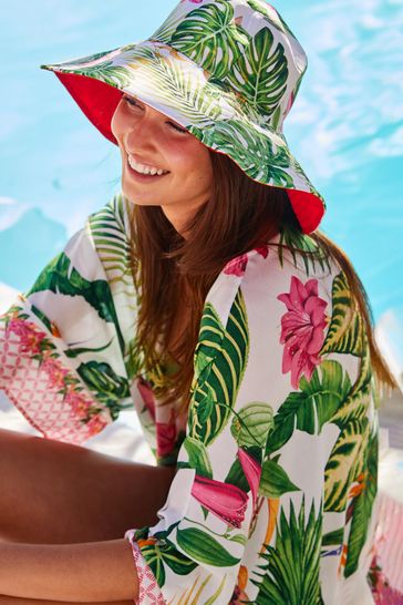 Cream/Pink Reversible Tropical Print Bucket Hat