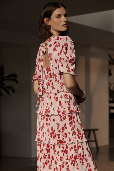 Red and white floral midi dress sales