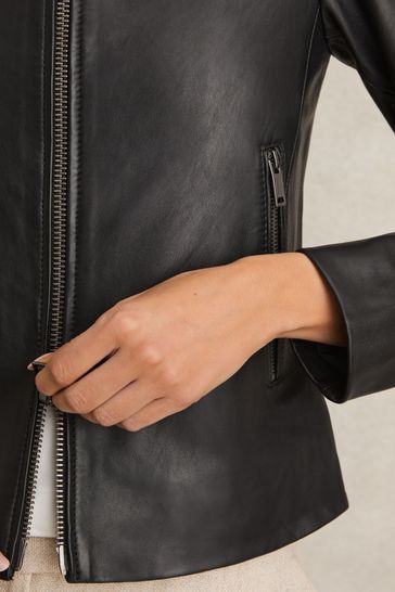 Buy Reiss Black Allie Leather Collarless Biker Jacket from