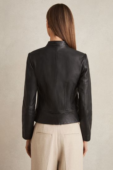 【海外限定】REISSレザージャケット☆Allie Leather Collarless REISS Allie Leather Collarless Biker Jacket in Pomegranate
