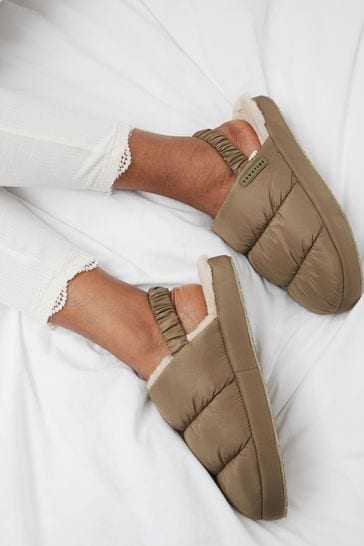 Khaki Green Quilted Mule Slippers With Elastic Support