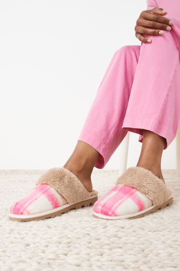 Pink Check Faux Fur Mule Slippers