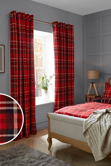 Red Brushed Check Blackout Thermal Eyelet Curtains