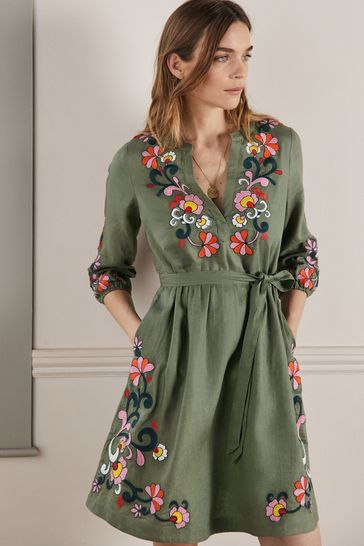 Boden Green Embroidered Linen Dress