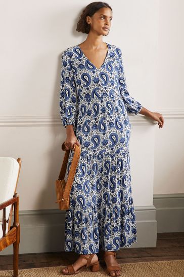 Blue and white maxi dress with sleeves sale