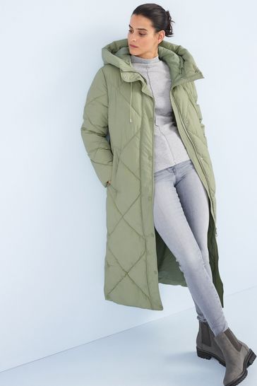 Buy Sage Green Long Diamond Quilted Showerproof Duvet Coat With Hood from Next Luxembourg
