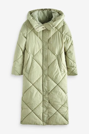 Buy Sage Green Long Diamond Quilted Showerproof Duvet Coat With Hood from Next Luxembourg