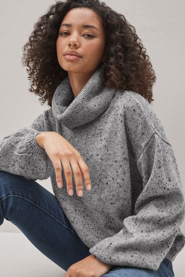 Grey Next Cowl Neck Cable Jumper