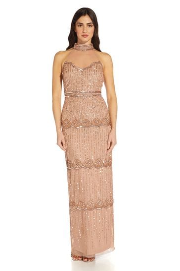 Adrianna Papell Pink Beaded Halter Column Gown