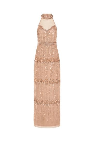 Buy Adrianna Papell Pink Beaded Halter Column Gown from Next