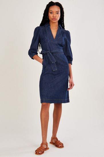 Monsoon Blue Denim V-Neck Belted Midi Dress