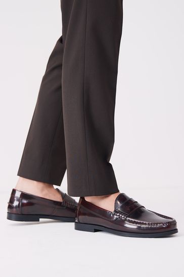 Burgundy Red Regular Fit Leather Penny Loafers
