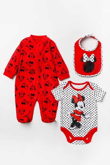 Disney Red Minnie Mouse Sleepsuit, Bodysuit And Bib Set