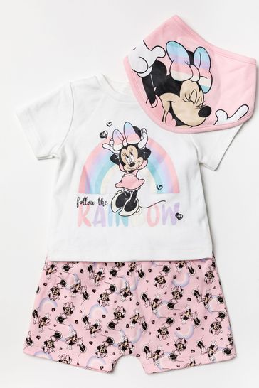 Disney Pink Minnie Mouse Rainbow Top, Shorts And Bib Set