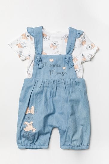 Disney Blue Minnie Mouse Chambray 2 Piece Dungaree And T-Shirt Set