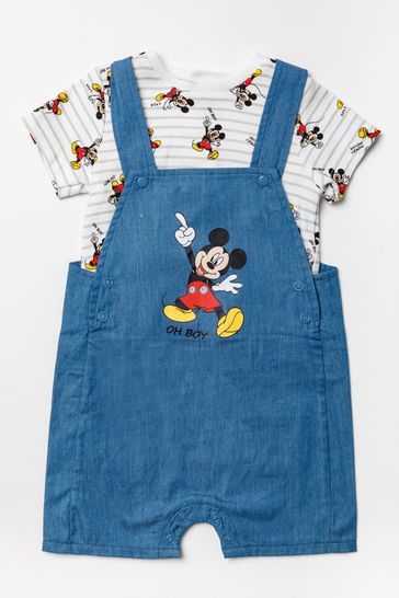 Disney Blue Mickey Mouse Chambray Dungaree And T-Shirt Set