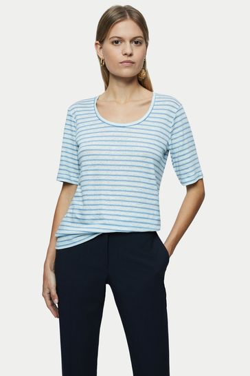 Jigsaw Blue Linen Fine Stripe Short Sleeve T-Shirt