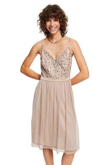 Esprit Light Taupe Bead And Sequins Dress
