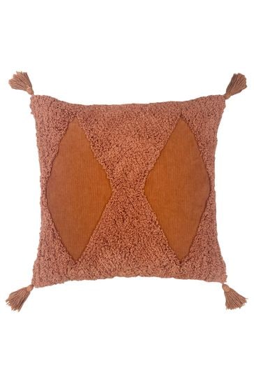 furn. Rust Brown Kantha Cotton Tassel Corduroy Cushion
