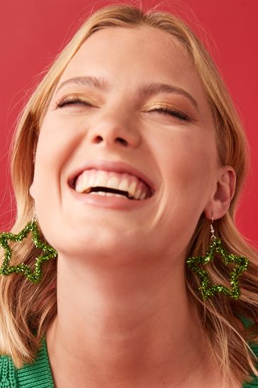 Green Christmas Tinsel Star Earrings