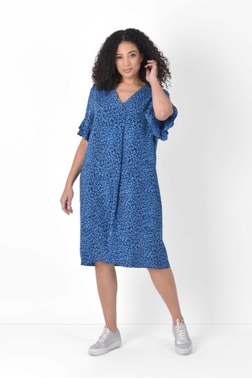 Live Unlimited Curve Blue V-Neck Pleat Front Dress With Frill Sleeves