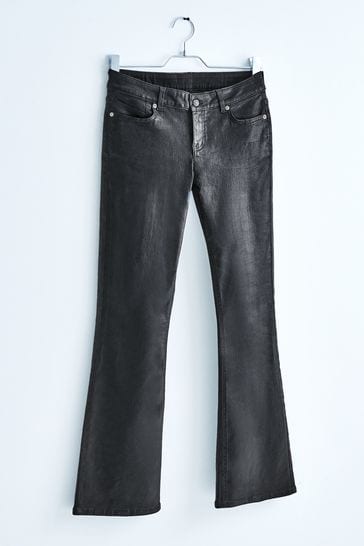 Black Foil Low Rise Stretch Flare Jeans With Back Split Hem