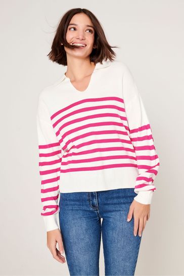 M&Co Cream Knitted Stripe Rugby Collar Jumper