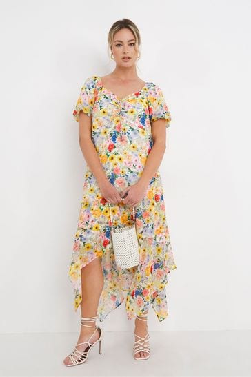 Buy Simply Be Yellow Ruched Front Digi Printed Sunflower Midi