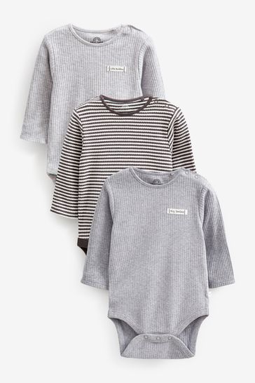 Grey Rib Baby Long Sleeve Bodysuits 3 Pack