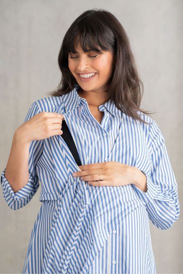 Blue striped button down dress sales