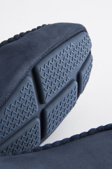 Navy Blue Check Lined Moccasin Slippers