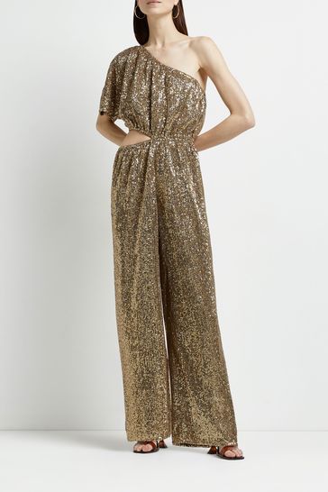 River Island Gold One Shoulder Sequin Jumpsuit