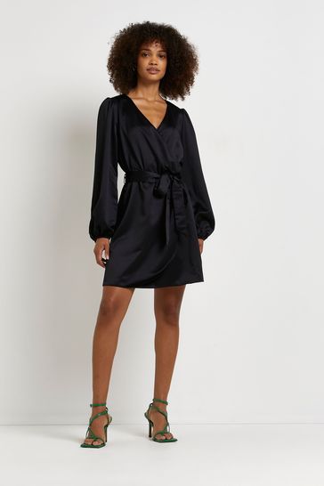 Buy River Island Black Satin Wrap Mini Dress from Next Luxembourg