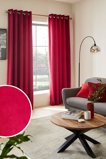 Red Matte Velvet Lined Eyelet Curtains