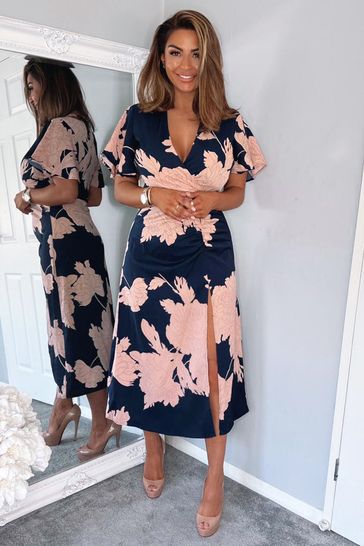 AX Paris Blue Floral Print Bell Sleeve Midi Dress