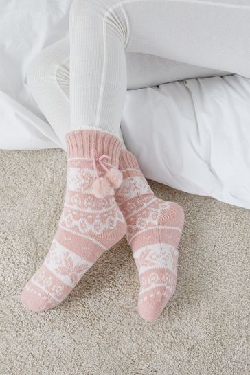 Pink Fairisle Pattern Chunky Knitted Slipper Socks 1 Pack