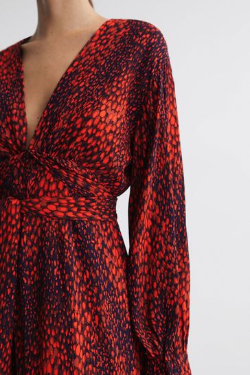 Reiss Red Maya Animal Print Blouson Sleeve Midi Dress