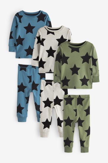 Khaki Green/Blue/White Star Snuggle Pyjamas 3 Pack (9mths-12yrs)