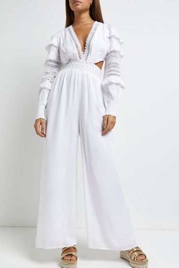 River Island White Sleeve Detail Cut-Out Jumpsuit