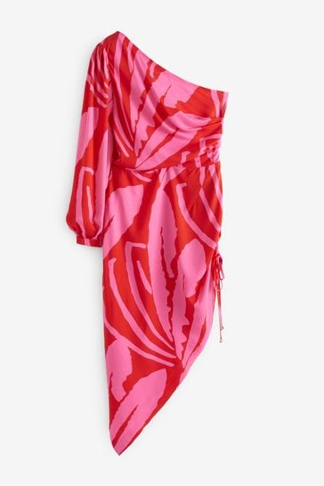Buy Pink/Red Print One Shoulder Ruched Detail Midi Dress from Next 