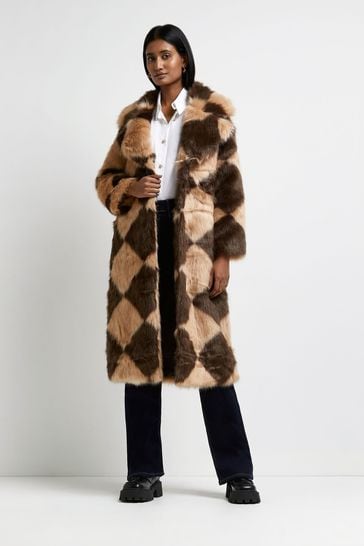 River Island Brown Light Ll Checkboard Fur Coat