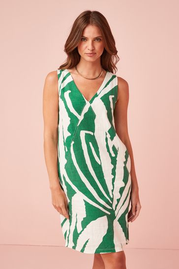 Green/White Print Linen Blend Summer Shift Dress