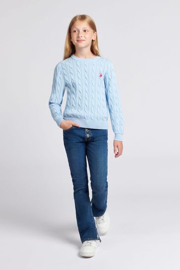 Buy U.S. Polo Assn. Girls Blue Cable Knit Jumper from Next Luxembourg