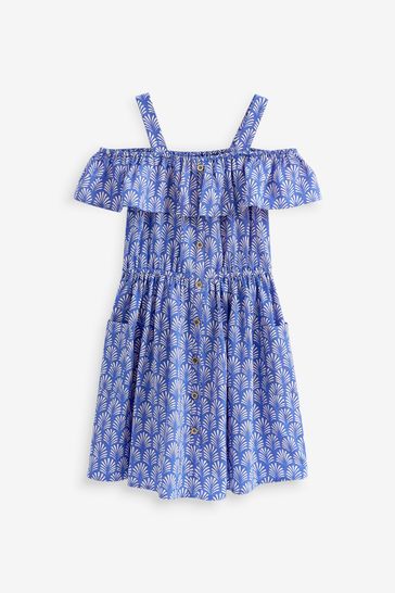 Blue and white deals cold shoulder dress
